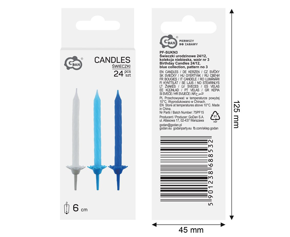 Birthday Candles 24/12, blue collection, pattern no 3, 7,5 cm